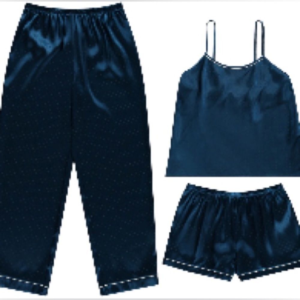 🔥Sleek Blue Satin Pajama flora nikrooz pajamas 3 piece set Sz Small New